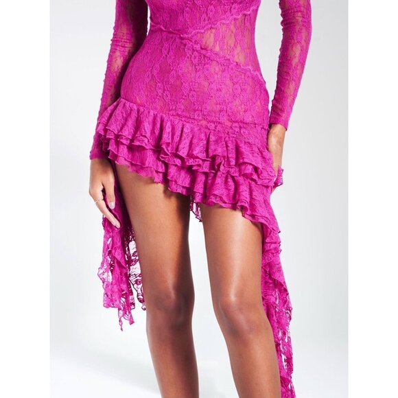Maira Fuchsia Lace Long Sleeve Ruffle Dress - Picture 3 of 15
